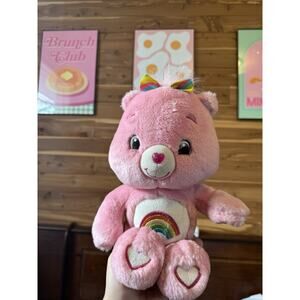 2007 Care Bears Cheer Bear Plush with Glitter Nose and Pink Rainbow Bow